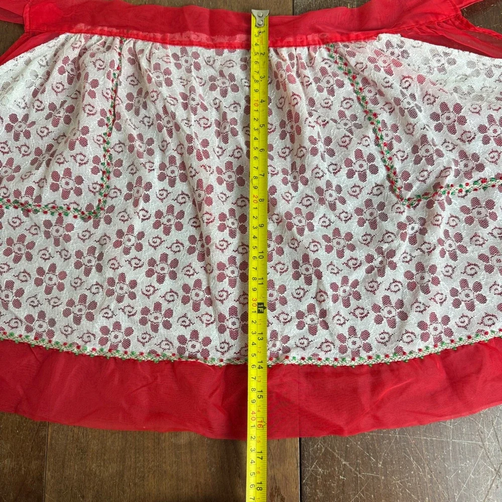 Vintage Sheer Red White Floral Lace Half‎ Apron Kitchen House Chores
